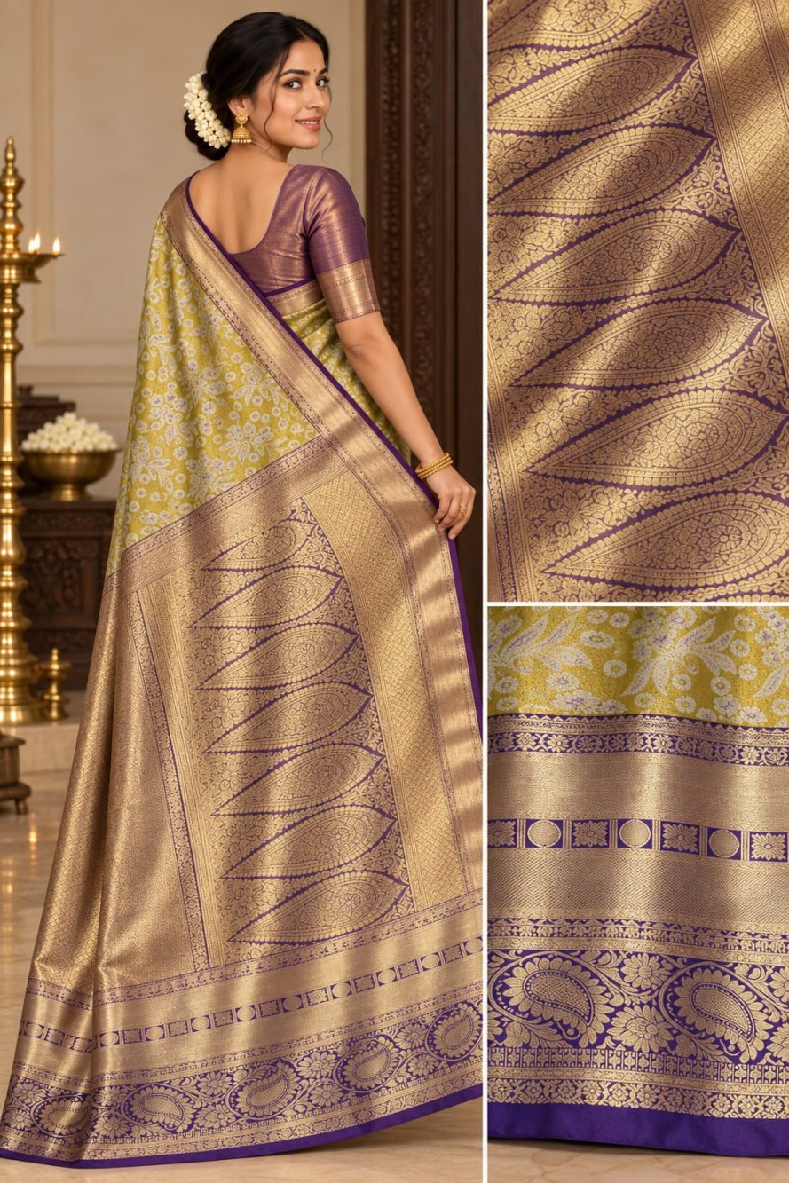 Mustard Yellow Meenakari Pattu Saree with Purple Border