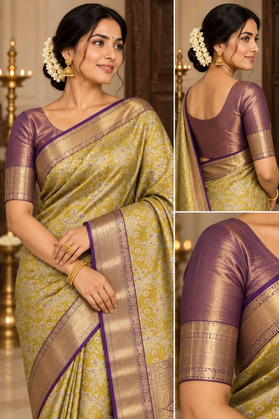 Mustard Yellow Meenakari Pattu Saree with Purple Border
