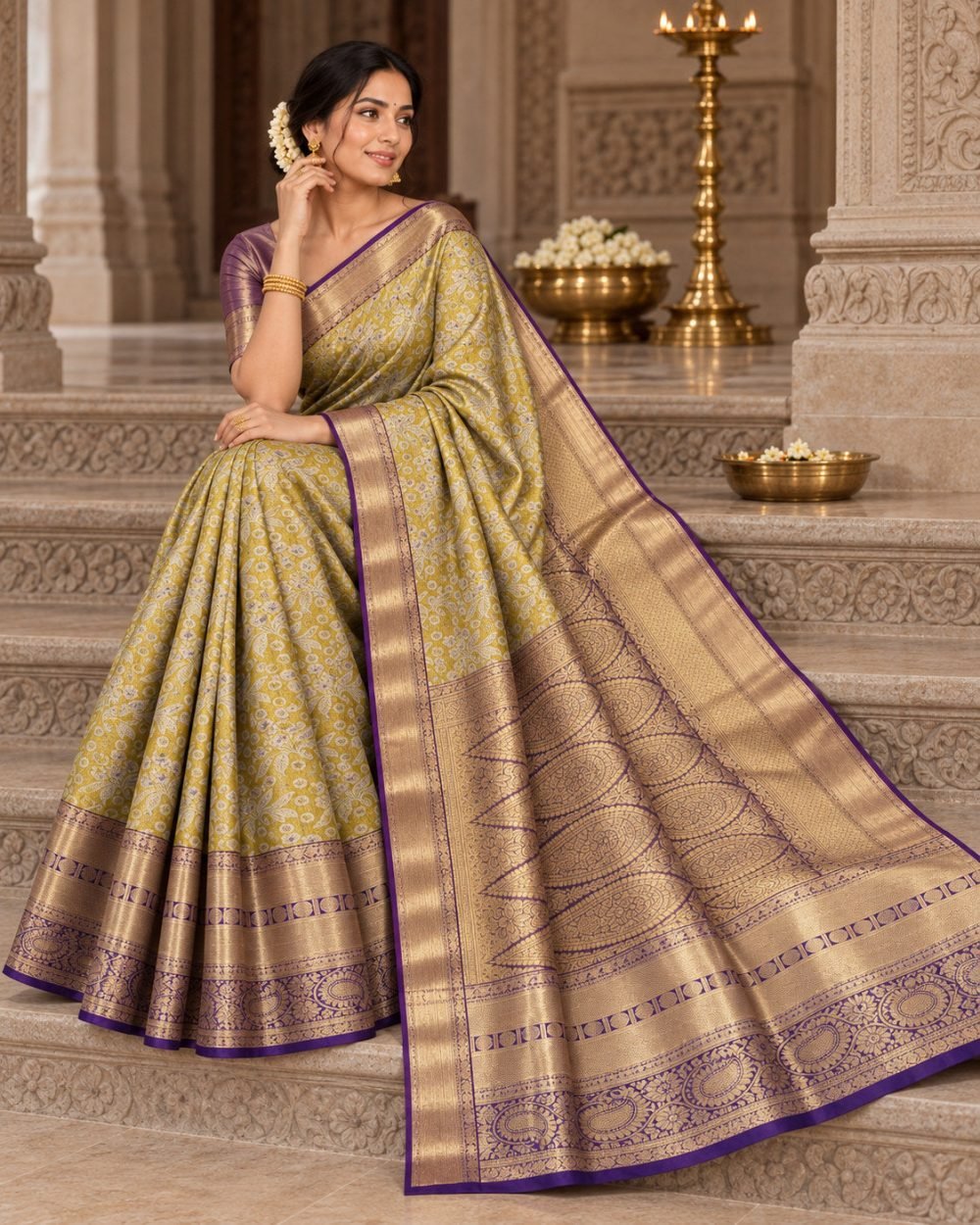Mustard Yellow Meenakari Pattu Saree with Purple Border