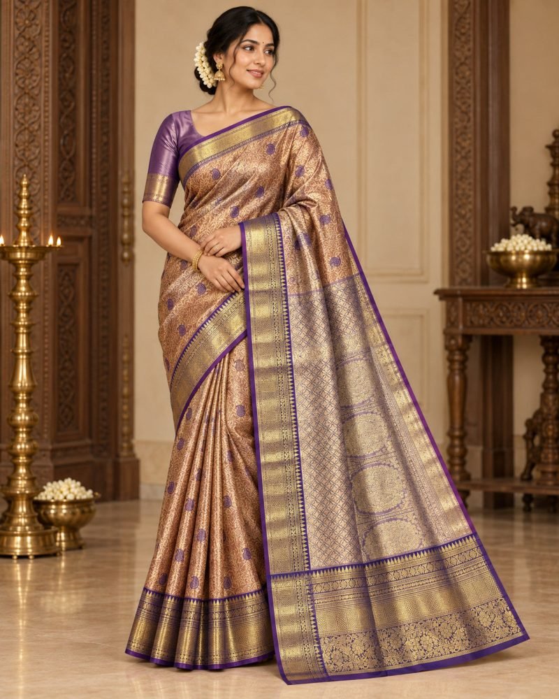Copper Gold Meenakari Pattu Saree with Purple Border