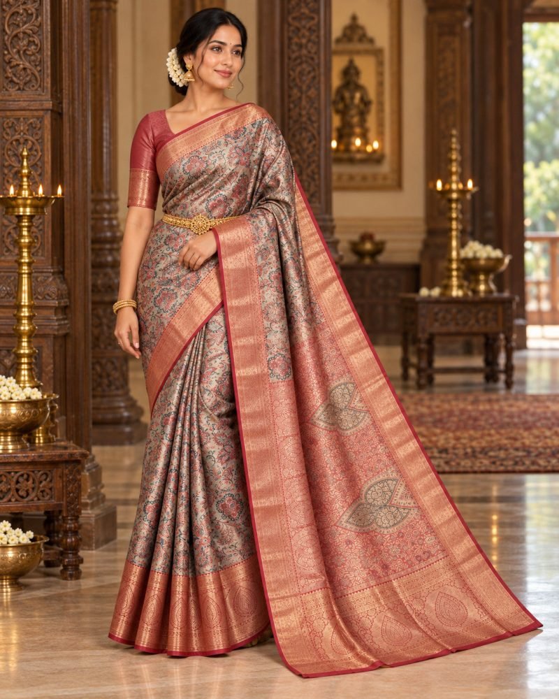 Champagne Floral Meenakari Pattu Saree with Rust Red Border