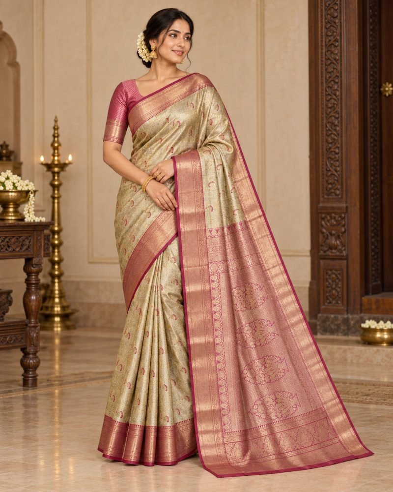 Champagne Gold Meenakari Pattu Saree with Rose Pink Border