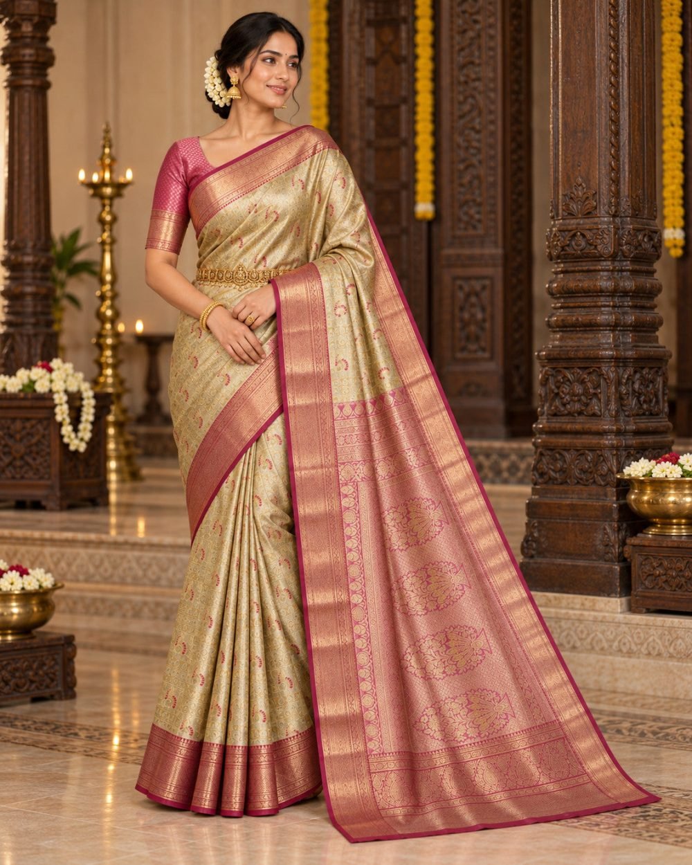 Champagne Gold Meenakari Pattu Saree with Rose Pink Border