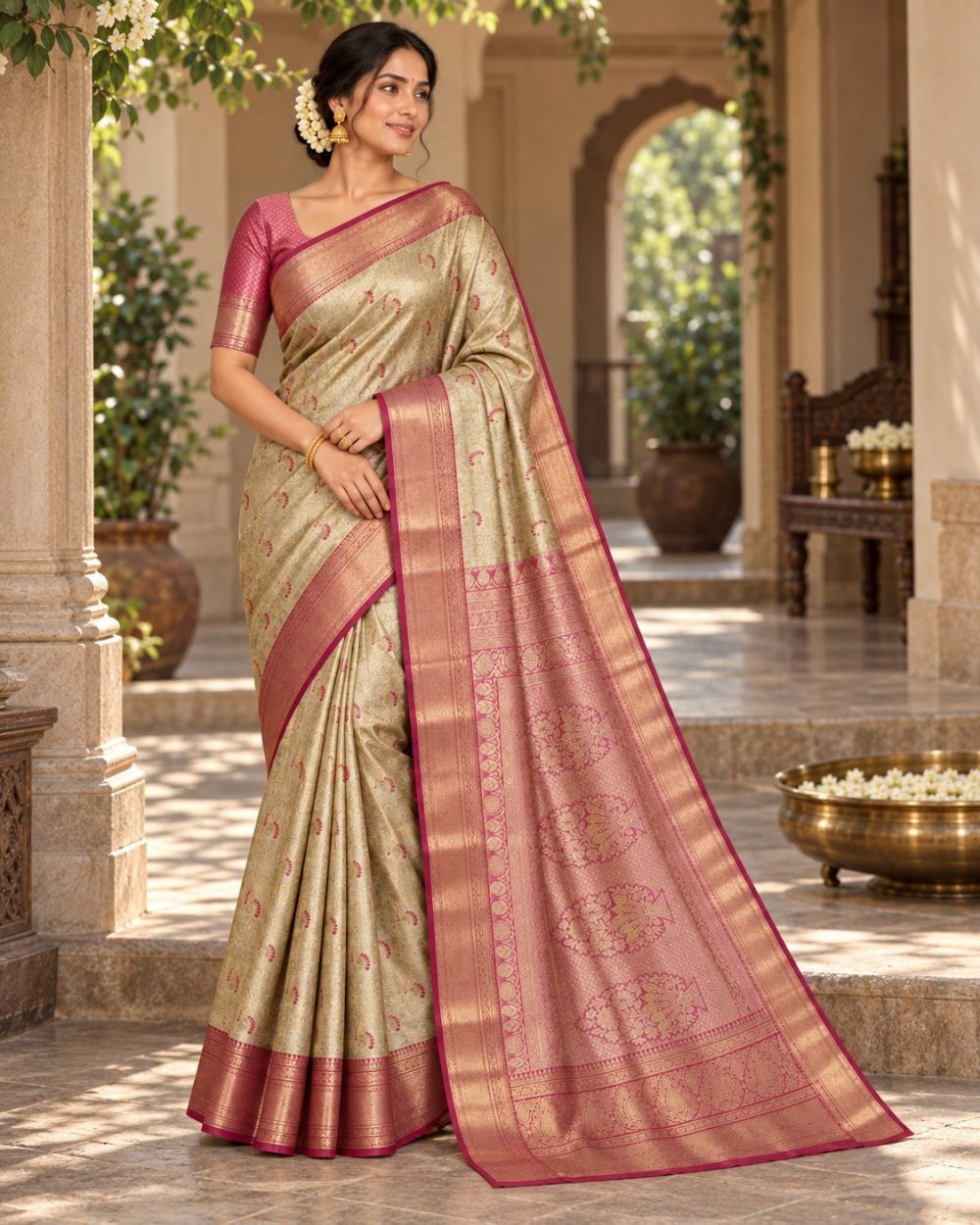 Champagne Gold Meenakari Pattu Saree with Rose Pink Border