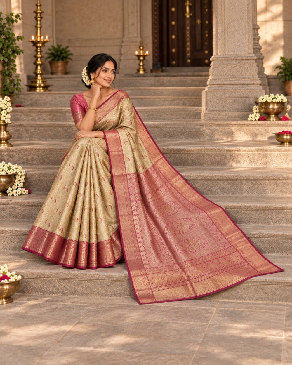 Champagne Gold Meenakari Pattu Saree with Rose Pink Border