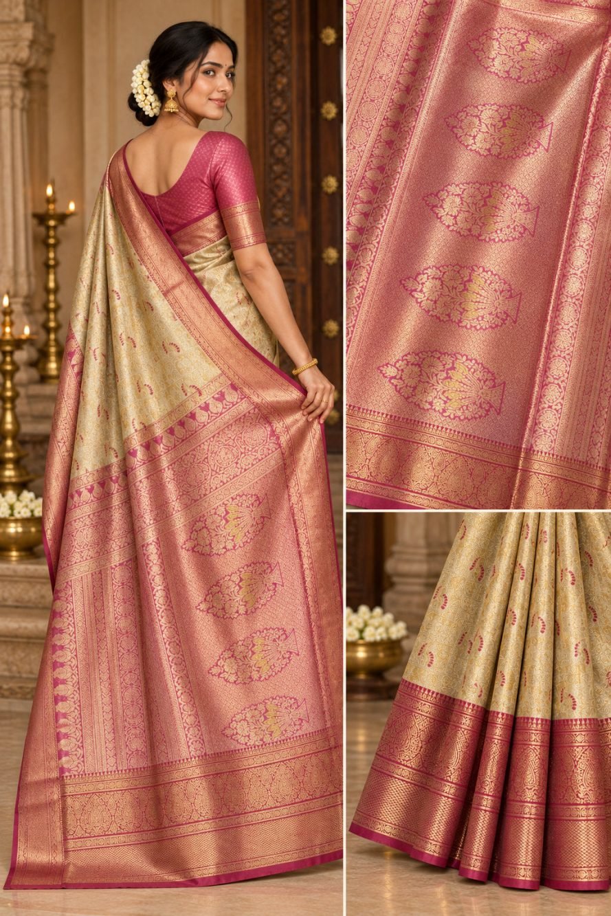 Champagne Gold Meenakari Pattu Saree with Rose Pink Border