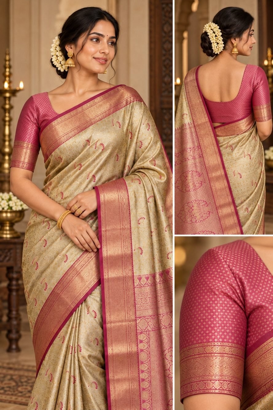 Champagne Gold Meenakari Pattu Saree with Rose Pink Border