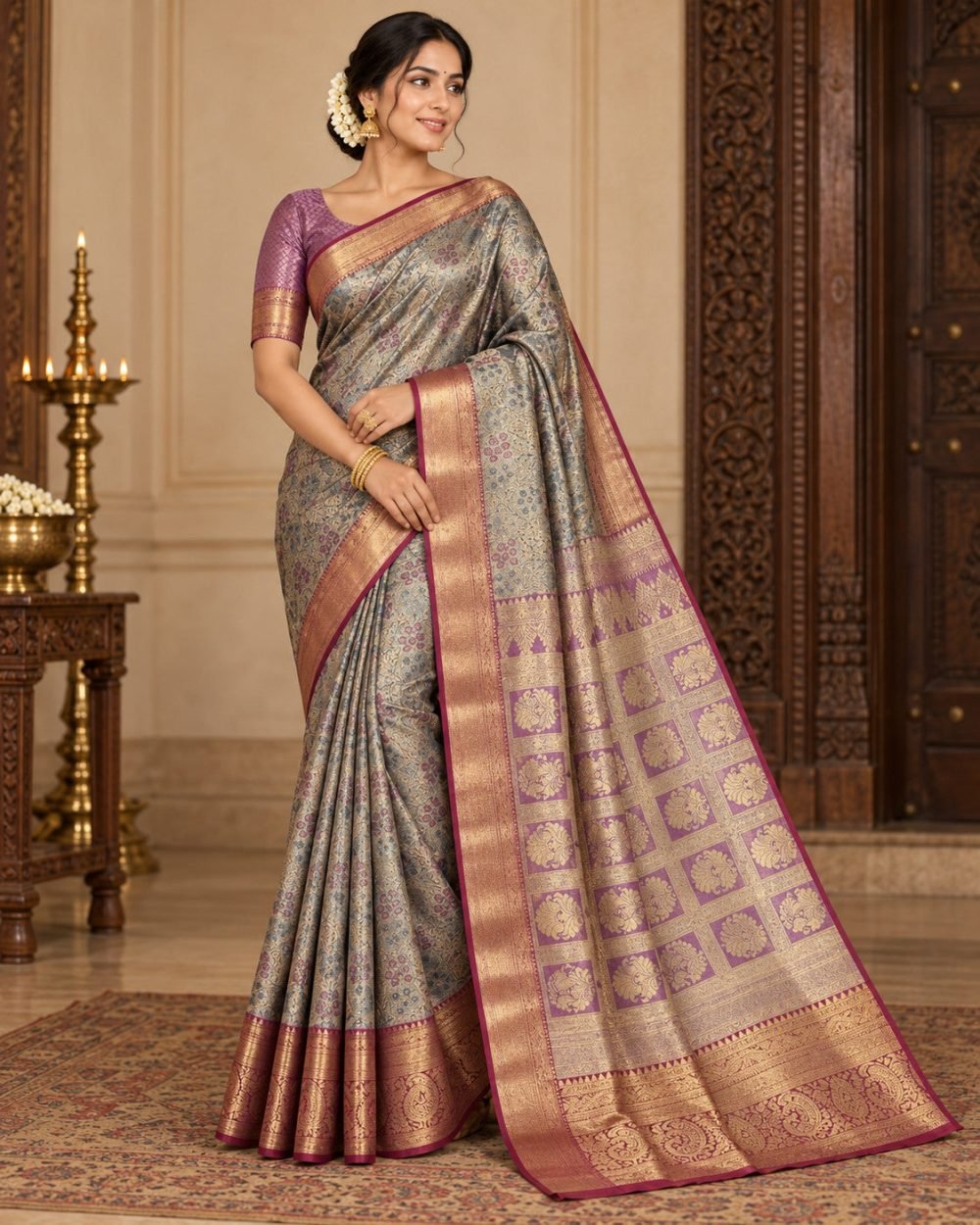 Silver Sage Meenakari Pattu Saree with Lavender Checkered Pallu