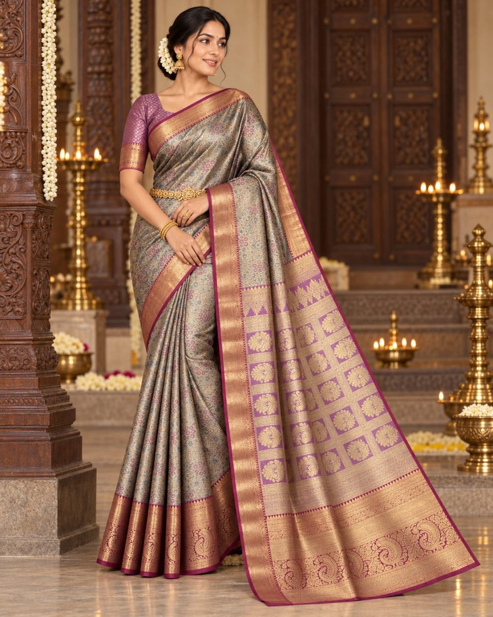 Silver Sage Meenakari Pattu Saree with Lavender Checkered Pallu