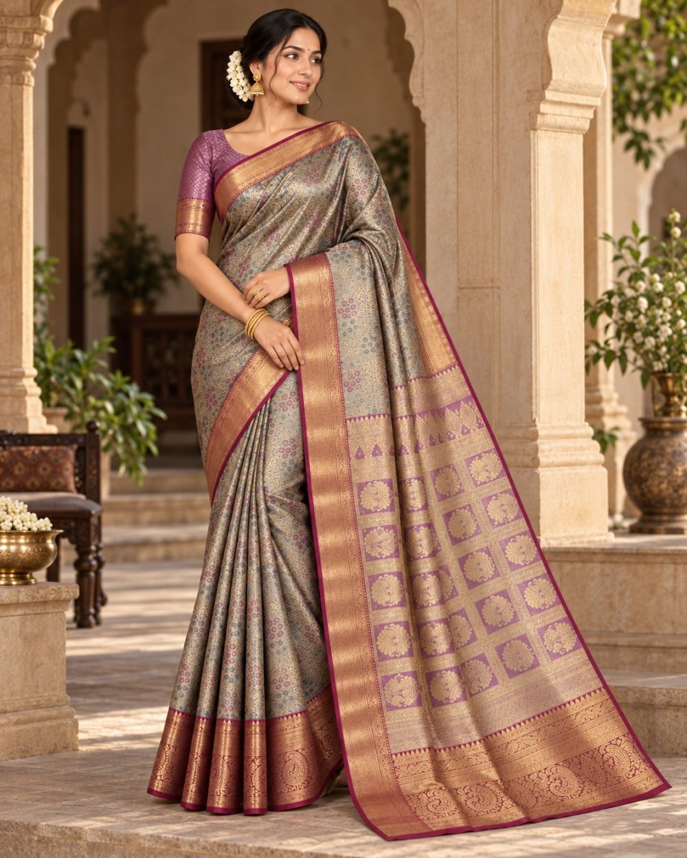 Silver Sage Meenakari Pattu Saree with Lavender Checkered Pallu