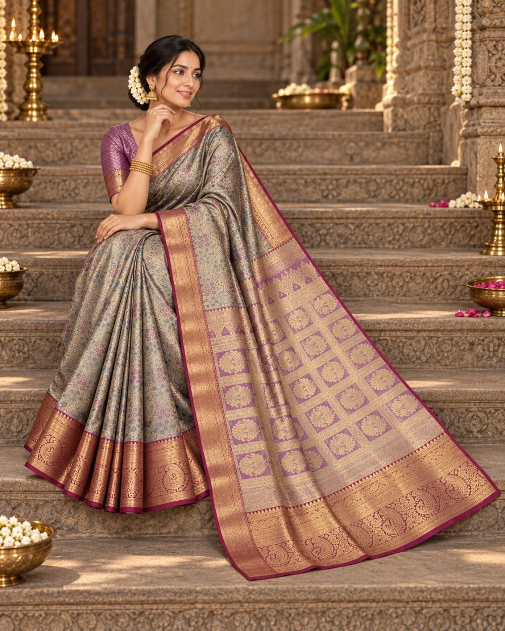 Silver Sage Meenakari Pattu Saree with Lavender Checkered Pallu
