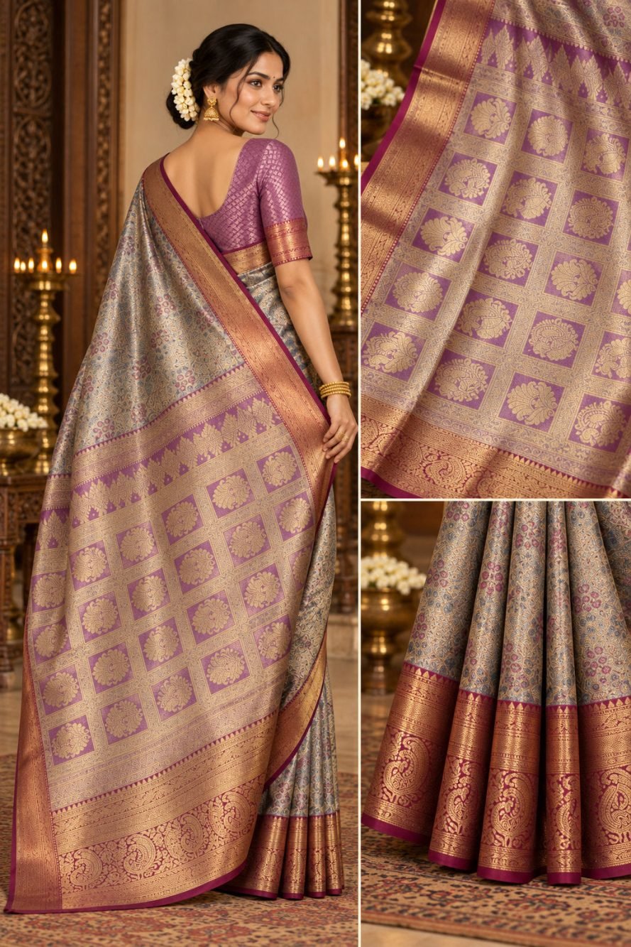 Silver Sage Meenakari Pattu Saree with Lavender Checkered Pallu