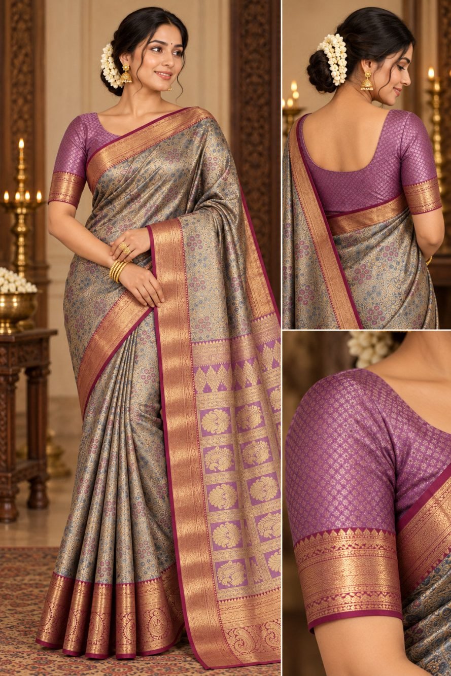 Silver Sage Meenakari Pattu Saree with Lavender Checkered Pallu
