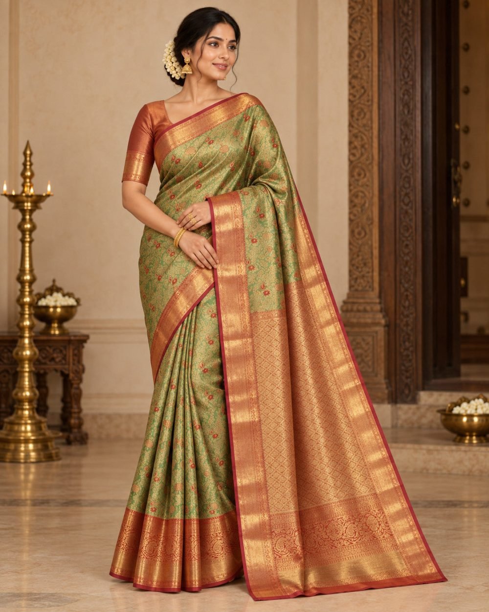 Pistachio Green Meenakari Pattu Saree with Copper Orange Border