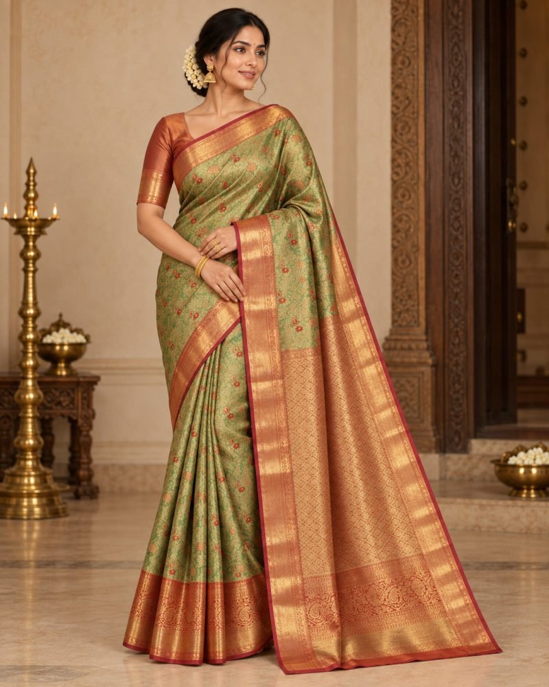 Pistachio Green Meenakari Pattu Saree with Copper Orange Border