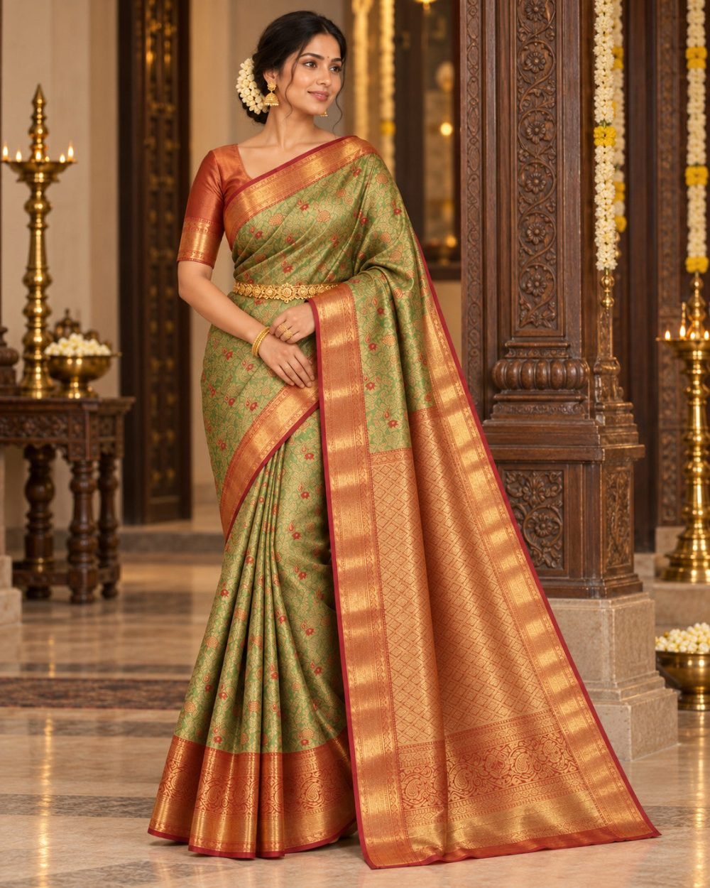 Pistachio Green Meenakari Pattu Saree with Copper Orange Border