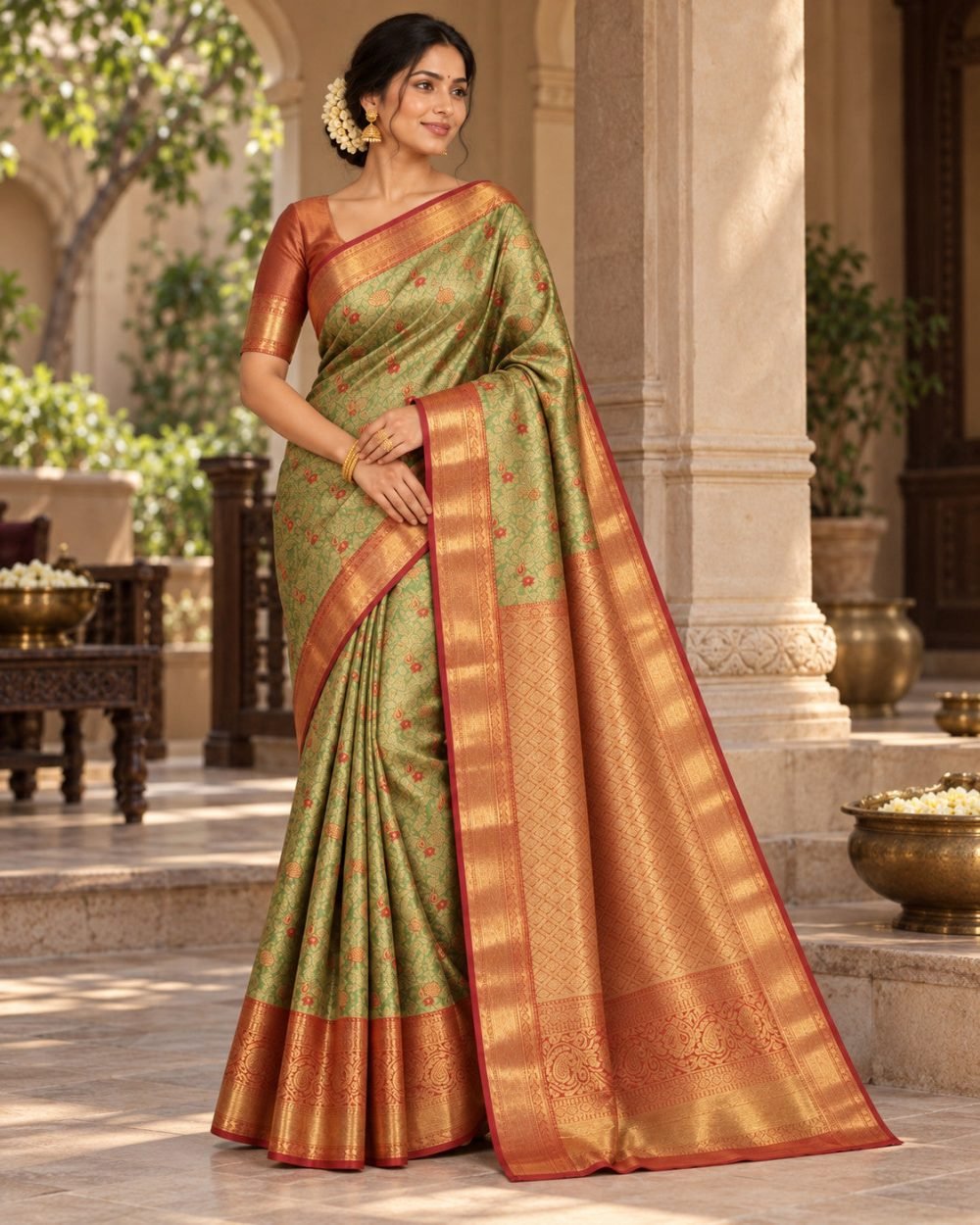 Pistachio Green Meenakari Pattu Saree with Copper Orange Border