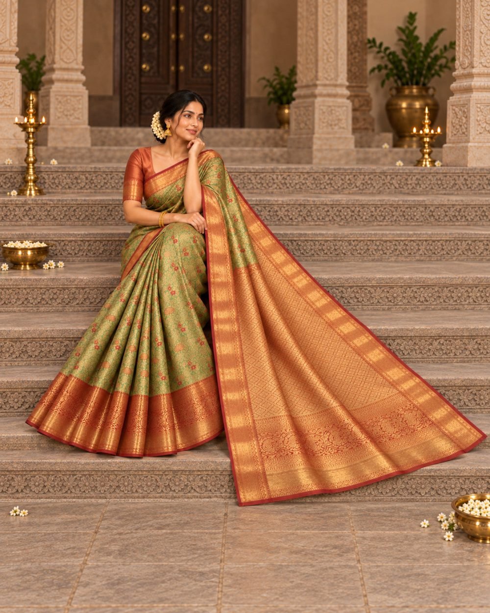 Pistachio Green Meenakari Pattu Saree with Copper Orange Border