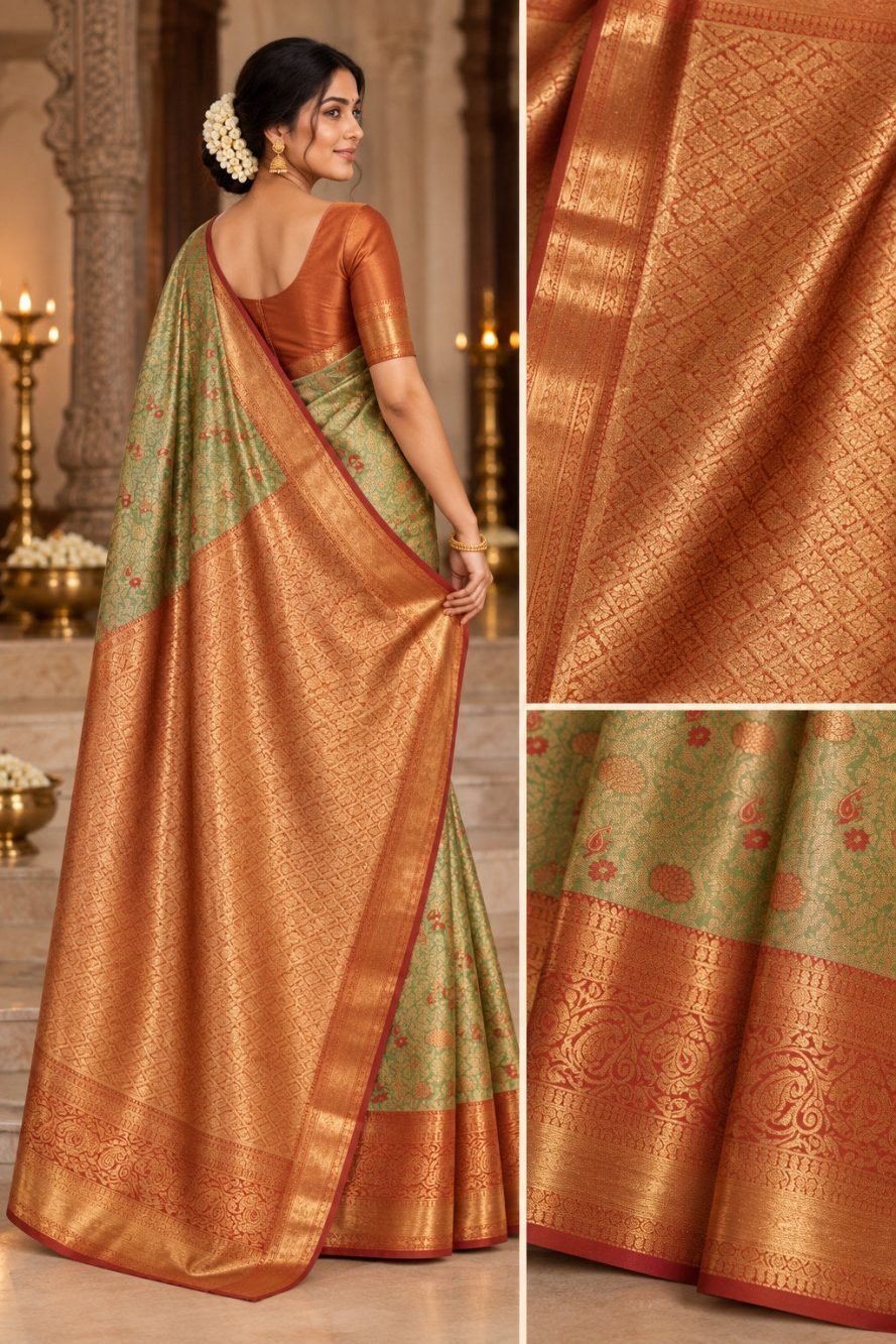 Pistachio Green Meenakari Pattu Saree with Copper Orange Border