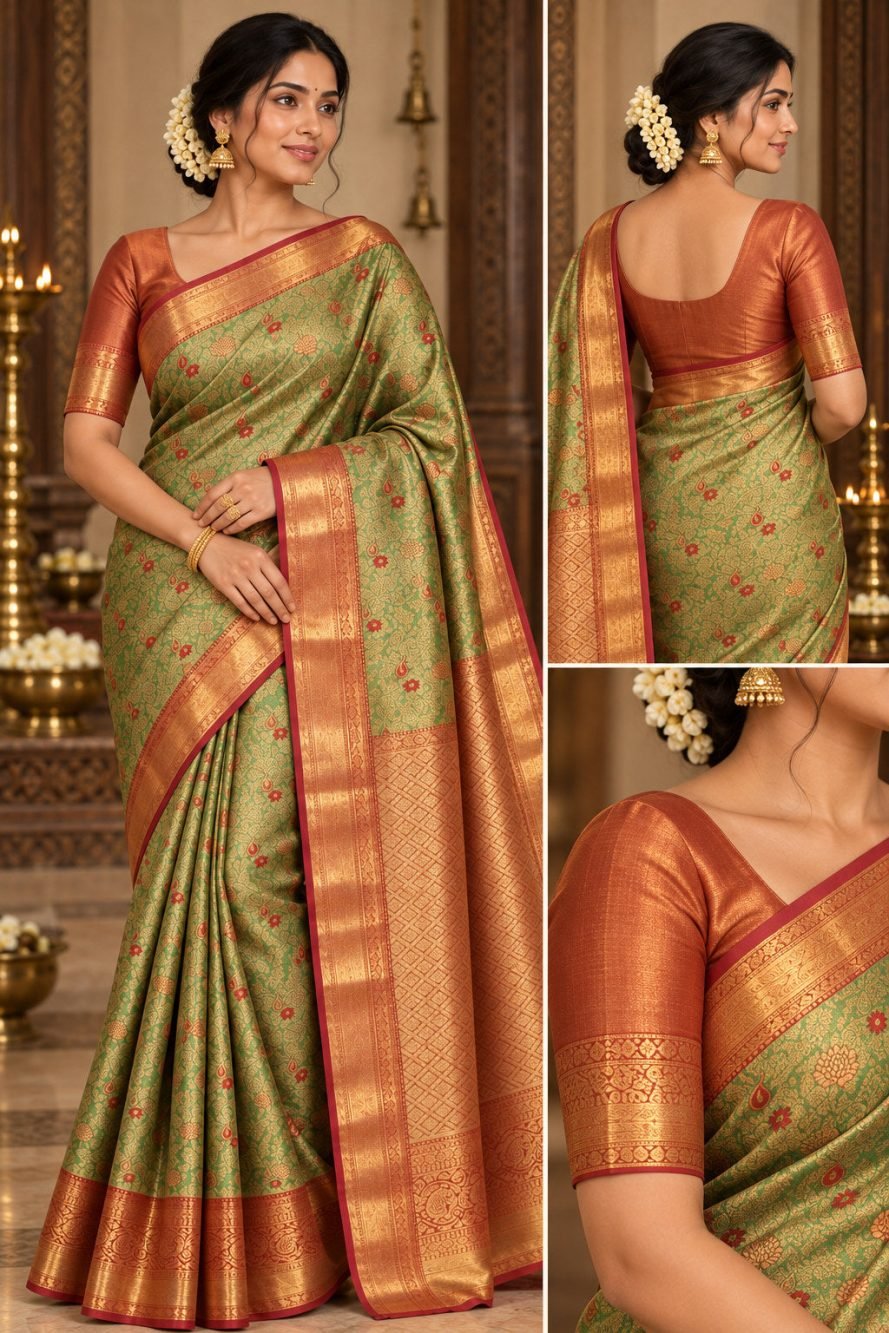 Pistachio Green Meenakari Pattu Saree with Copper Orange Border