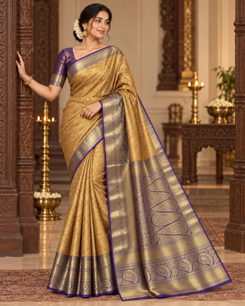 Mustard Gold Meenakari Pattu Saree with Purple Border