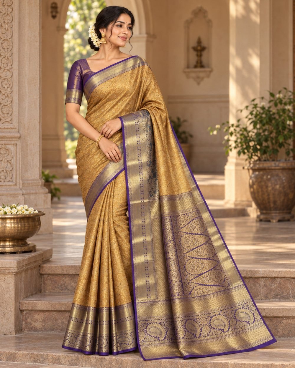 Mustard Gold Meenakari Pattu Saree with Purple Border