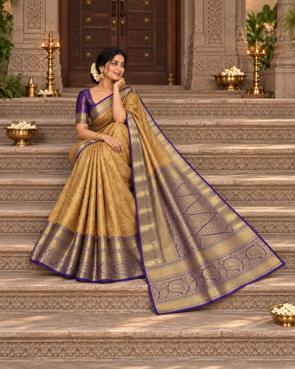 Mustard Gold Meenakari Pattu Saree with Purple Border