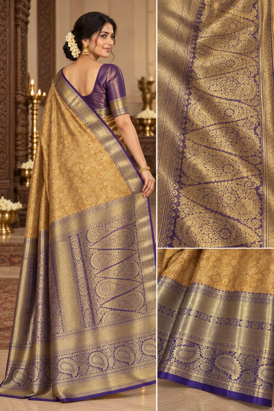 Mustard Gold Meenakari Pattu Saree with Purple Border