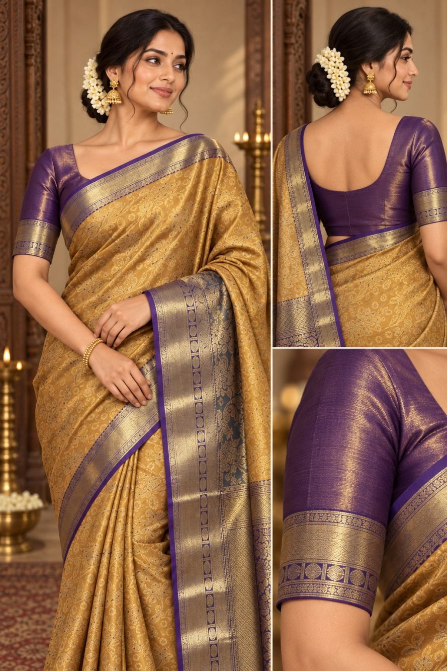 Mustard Gold Meenakari Pattu Saree with Purple Border
