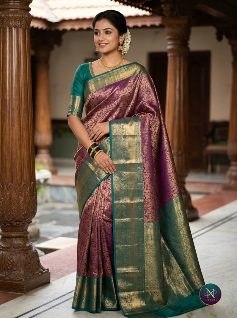 Wine Teal Pure Kanchi Pattu Saree