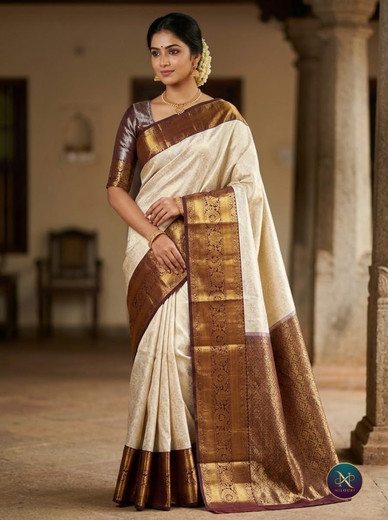 Ivory Cocoa Pure Kanchi Pattu Saree