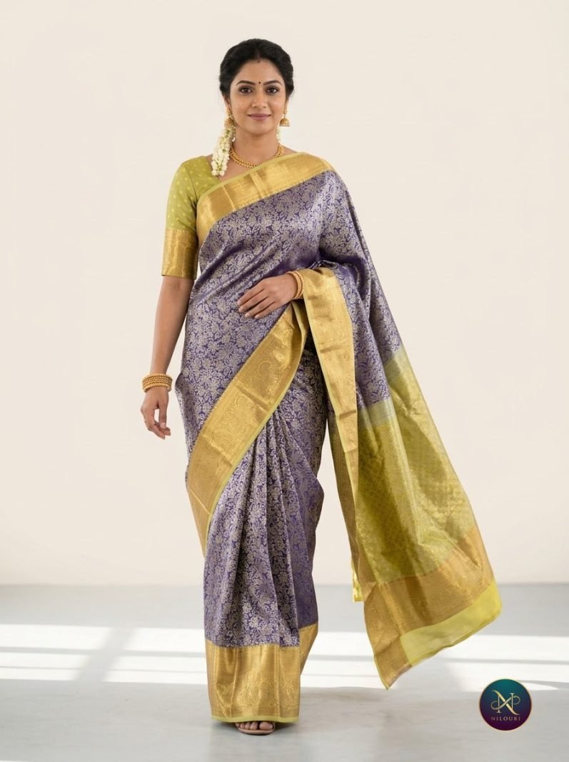 Indigo Lime Pure Kanchi Pattu Saree