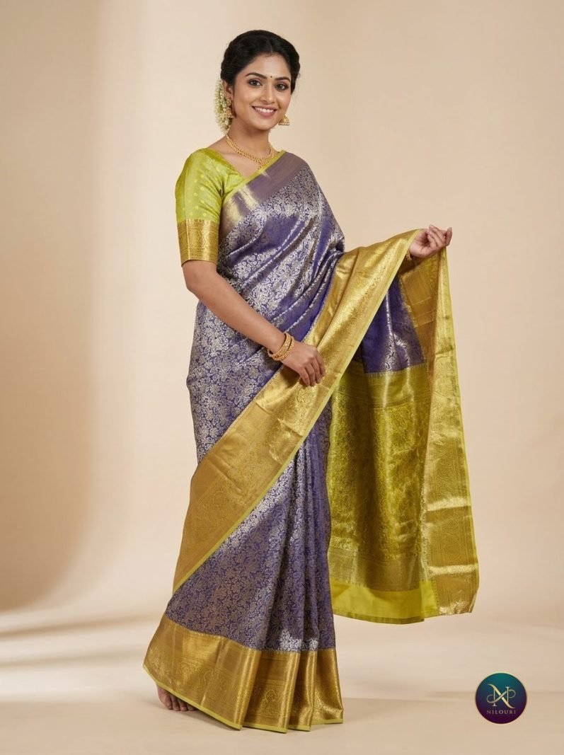 Indigo Lime Pure Kanchi Pattu Saree