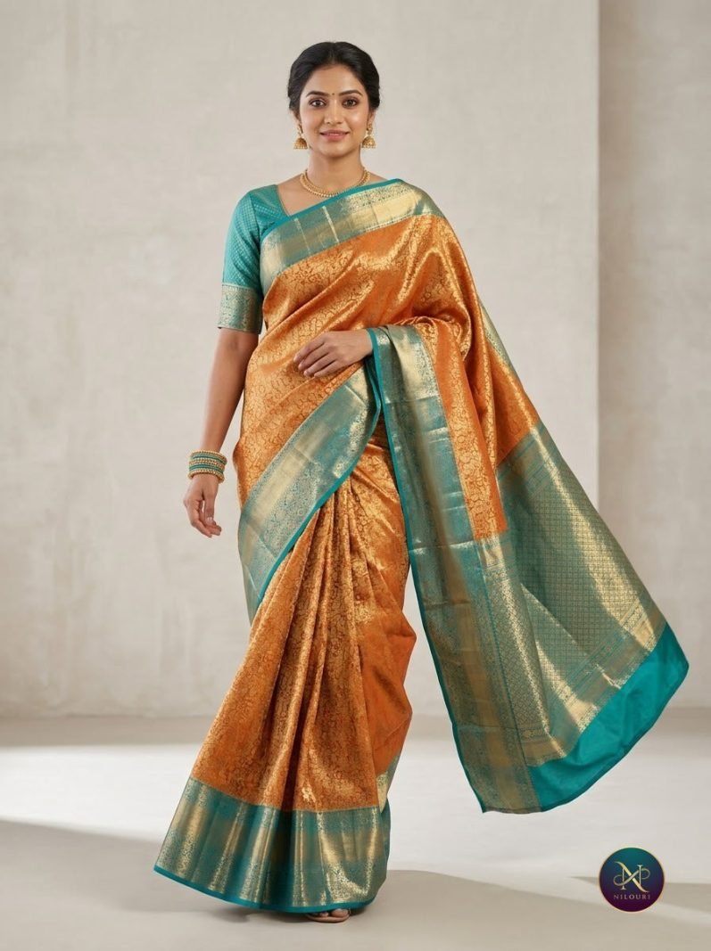 Rust Teal Pure Kanchi Pattu Saree