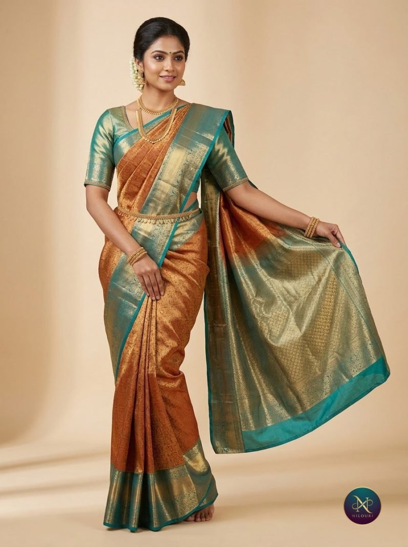 Rust Teal Pure Kanchi Pattu Saree