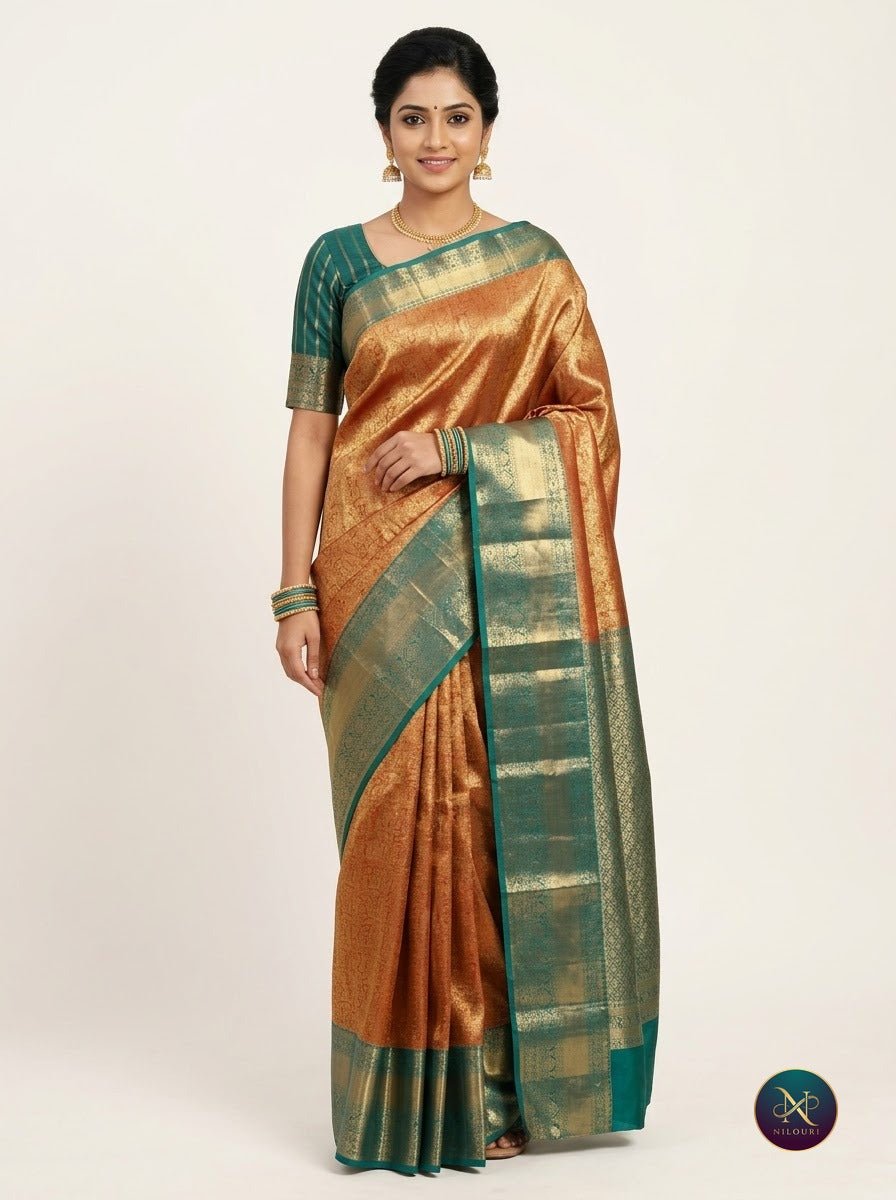 Rust Teal Pure Kanchi Pattu Saree