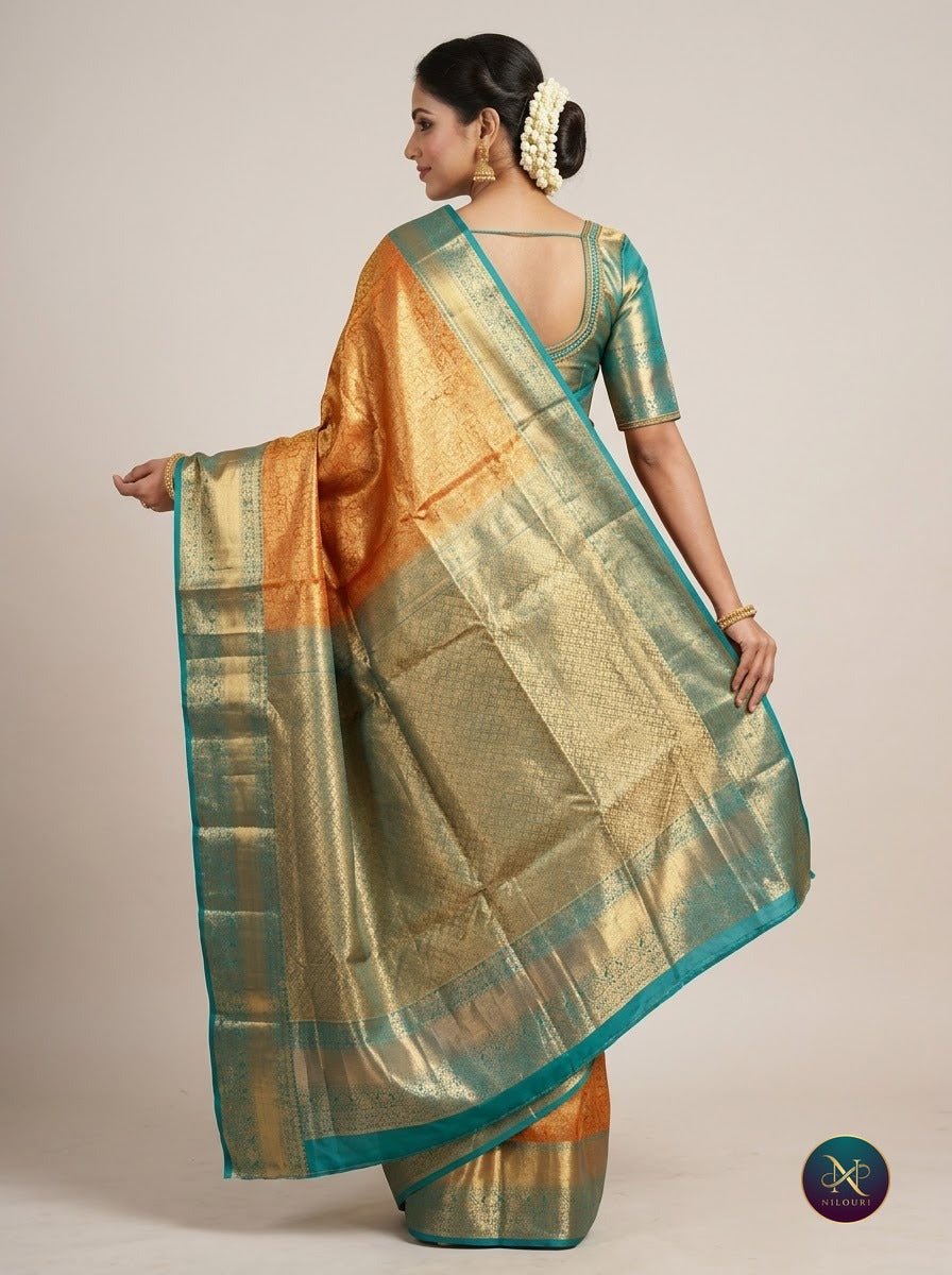 Rust Teal Pure Kanchi Pattu Saree