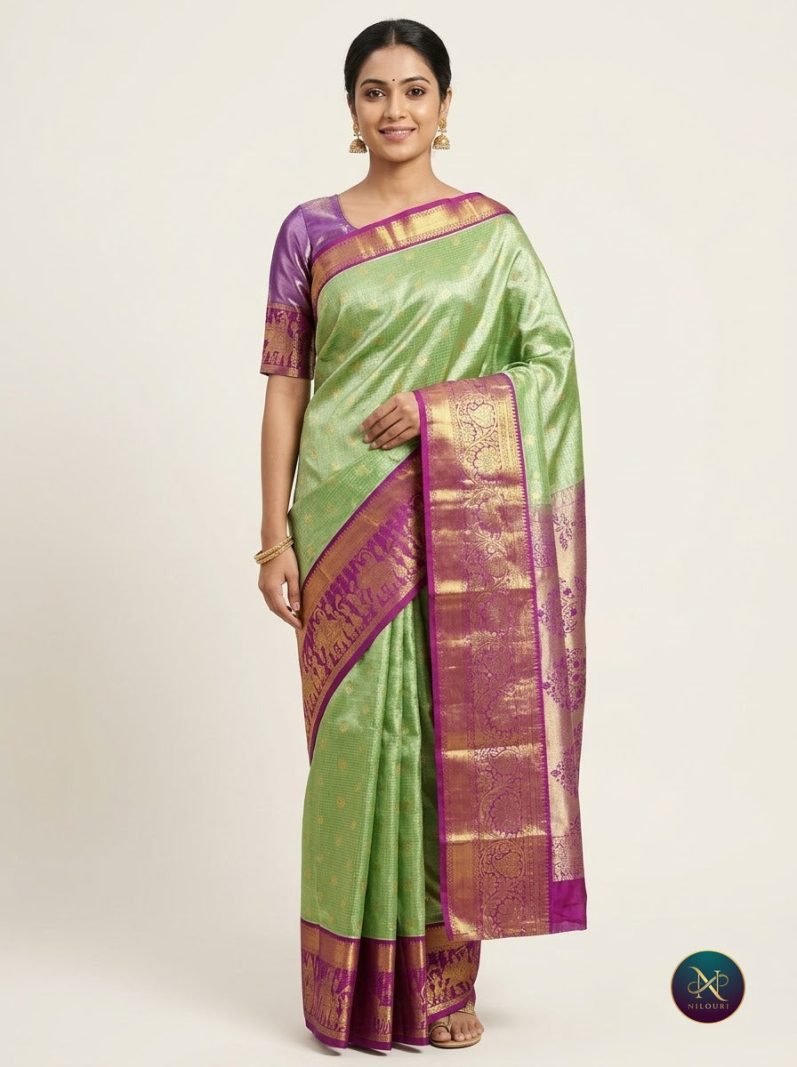 Mint Violet Pure Kanchi Pattu Saree