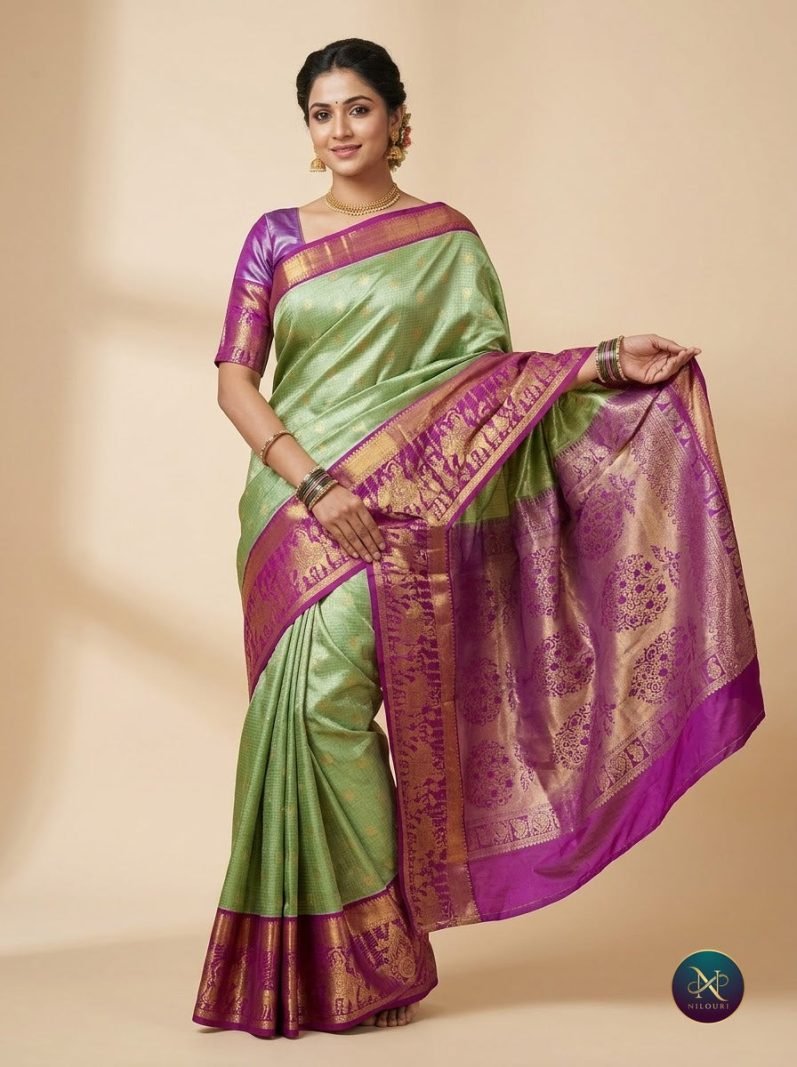 Mint Violet Pure Kanchi Pattu Saree