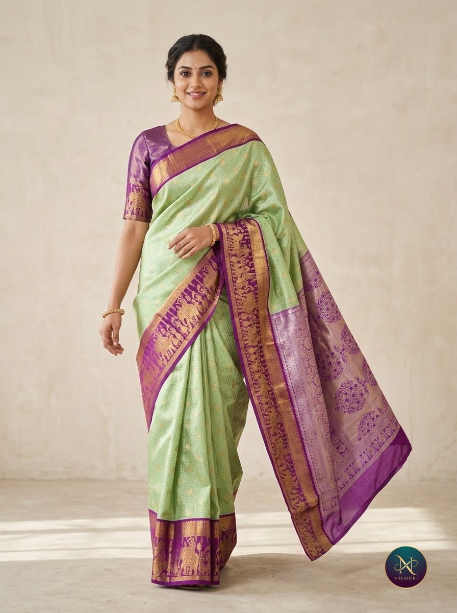 Mint Violet Pure Kanchi Pattu Saree