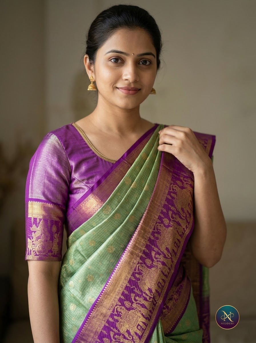 Mint Violet Pure Kanchi Pattu Saree