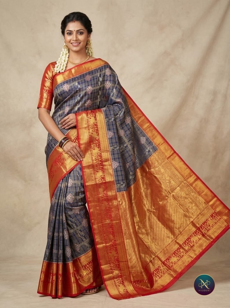 Navy Vermilion Pure Kanchi Pattu Saree