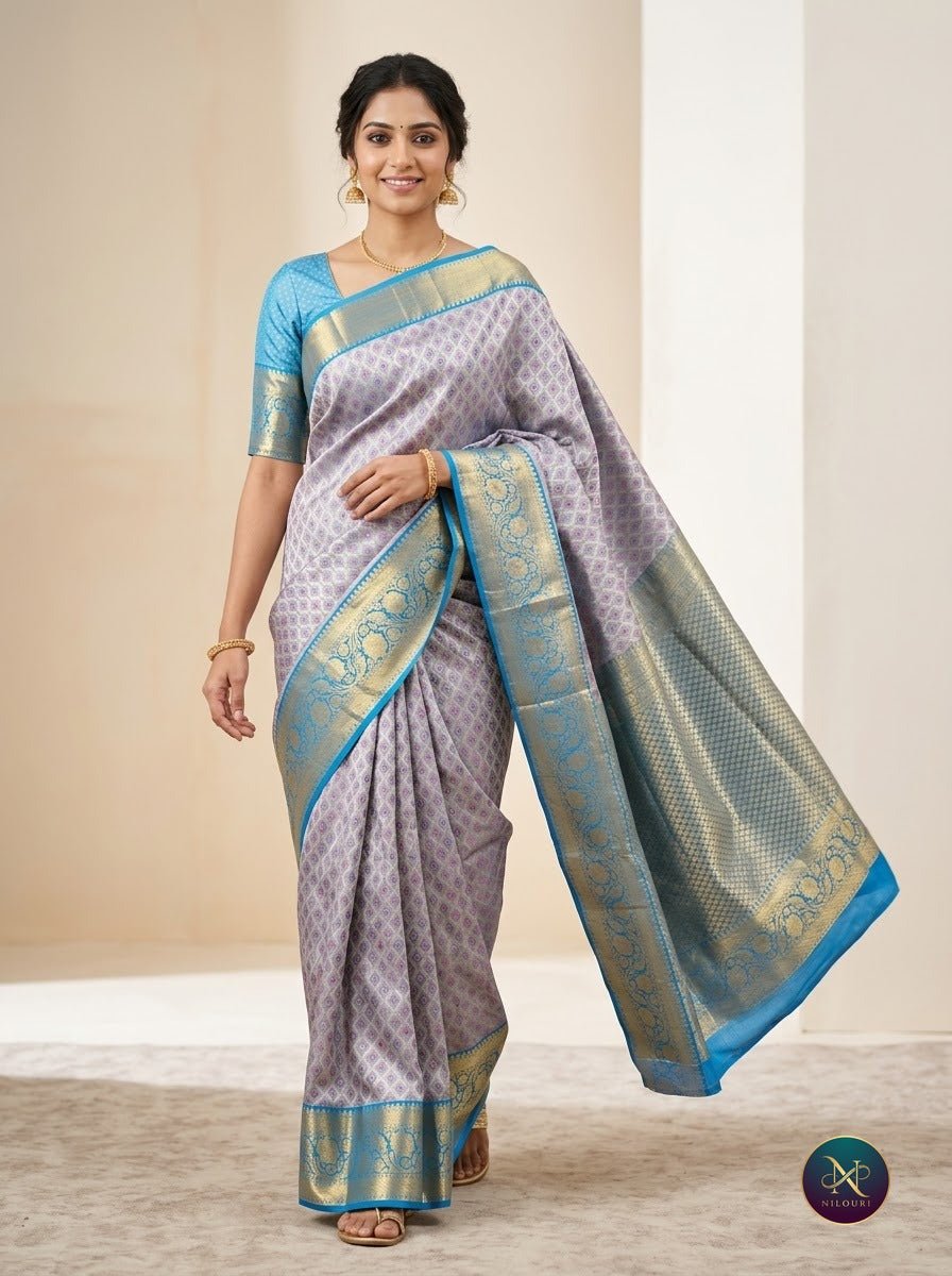 Lilac Azure Pure Kanchi Pattu Saree