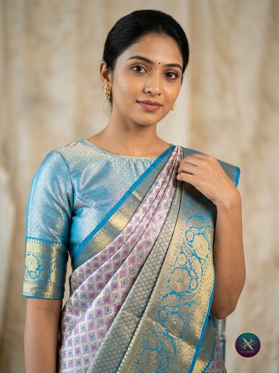 Lilac Azure Pure Kanchi Pattu Saree