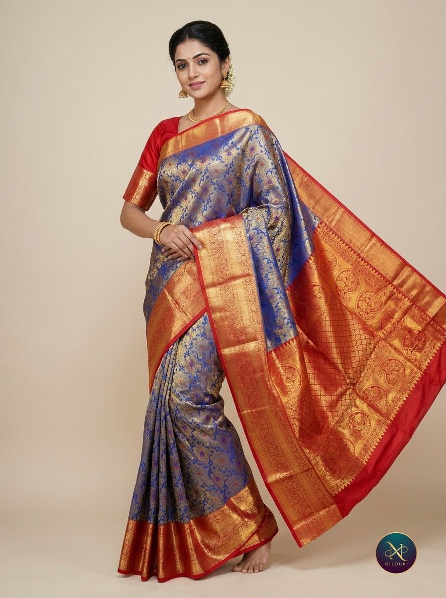 Cobalt Vermilion Pure Kanchi Pattu Saree