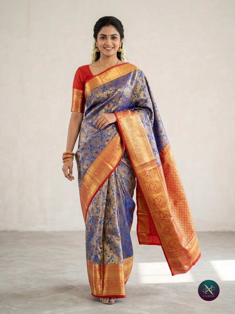 Cobalt Vermilion Pure Kanchi Pattu Saree