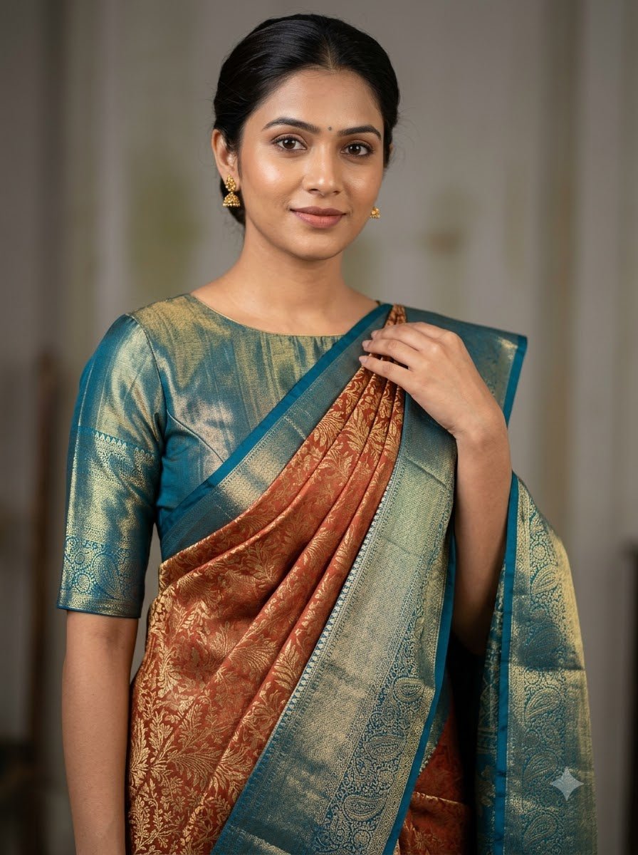 Copper Teal Pure Kanchi Pattu Saree