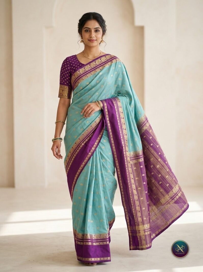 Aqua Purple Mysore Crepe Silk Saree
