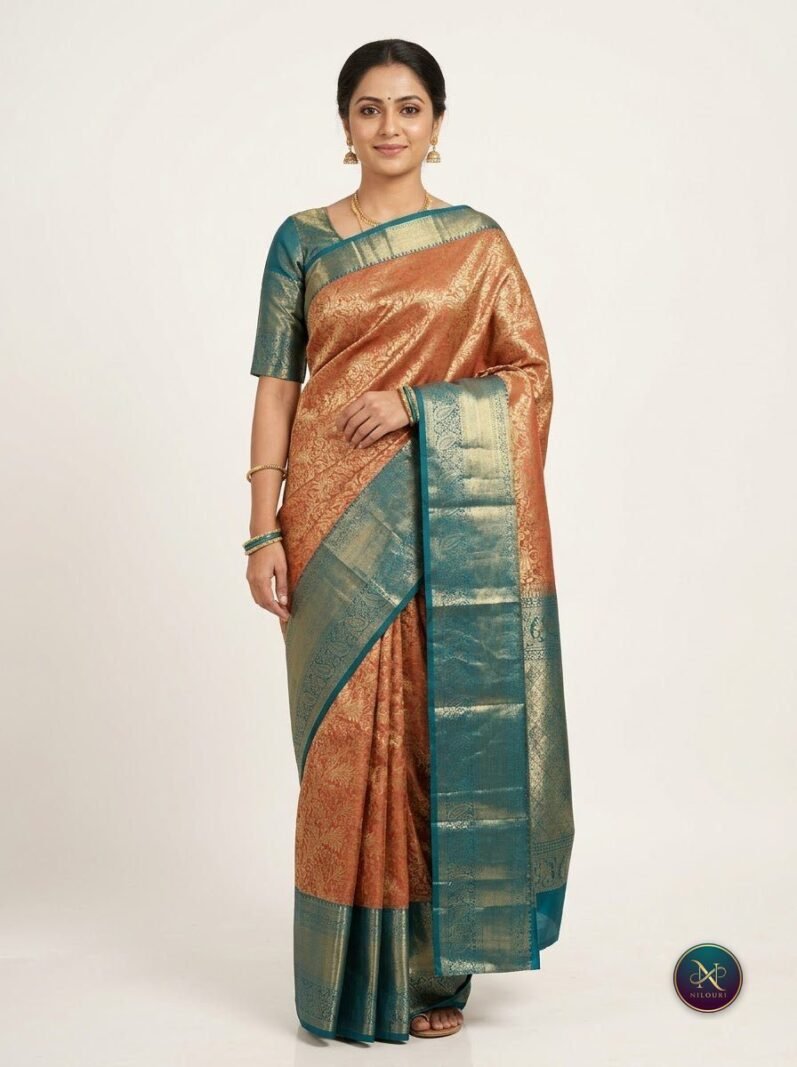 Copper Teal Pure Kanchi Pattu Saree