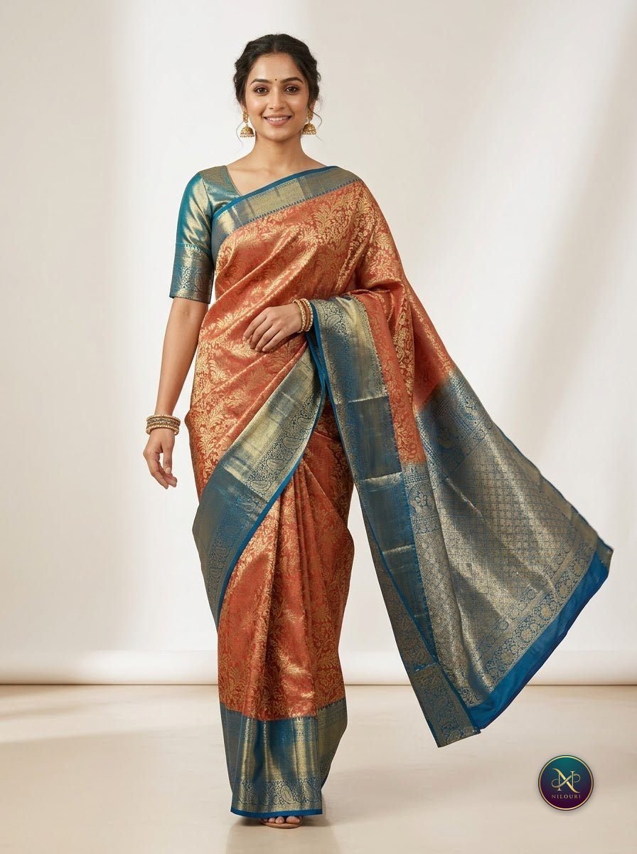 Copper Teal Pure Kanchi Pattu Saree